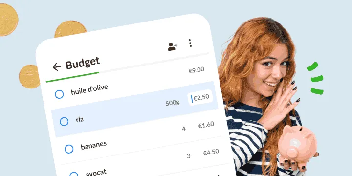 Femme souriante avec une tirelire cochon près d'une liste Budget avec les prix