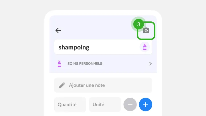 Détails de l'article shampooing, champs note et quantité, icône du coin marquée