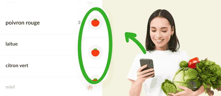 Femme avec des légumes et un téléphone, près d'articles à la même icône légumes