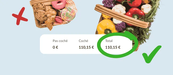 Panier de sucreries barré, panier de légumes coché, au-dessus du total entouré