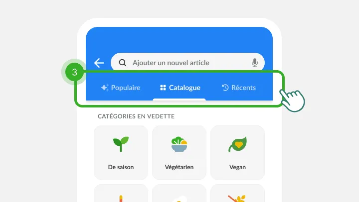 Recherche d'articles avec ses trois onglets en étape 3, au-dessus des catégories