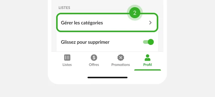 Écran des paramètres, ligne d'options de liste en étape 2 au-dessus des onglets