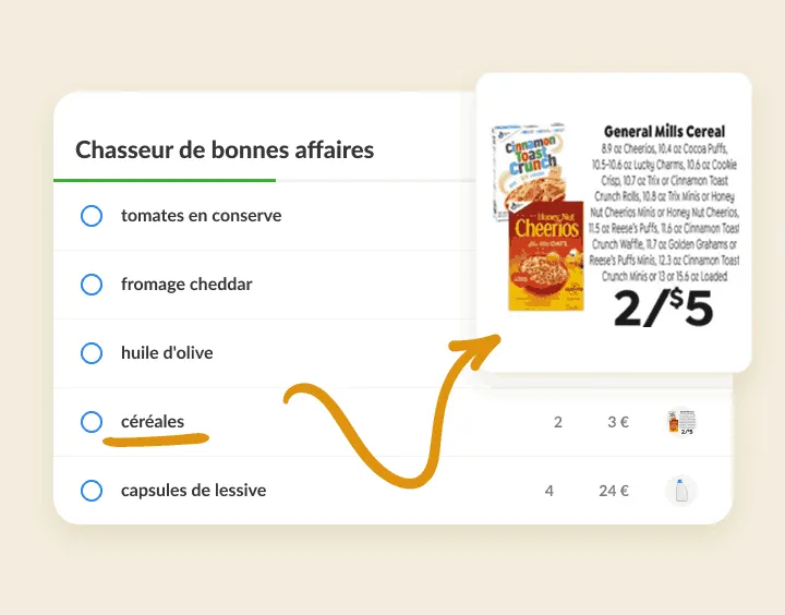 Céréales d'une liste de promos liées à un extrait de prospectus avec l'offre