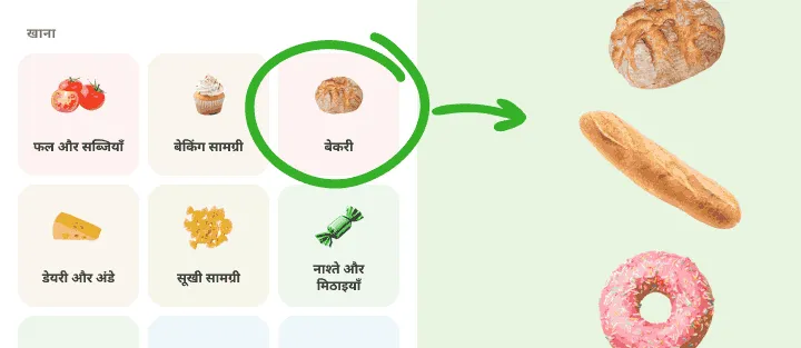 खाने की श्रेणियों में बेकरी पर घेरा, पास में ब्रेड, बैगेट और डोनट