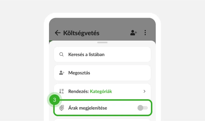 Listamenü kereséssel, megosztással, rendezéssel és még kikapcsolt árkapcsolóval