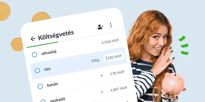 Mosolygó nő malacpersellyel egy árakat mutató Költségvetés lista mellett
