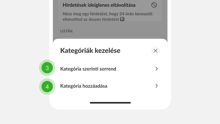 Kategóriapanel sorrend és hozzáadás opcióval, harmadik és negyedik lépésként