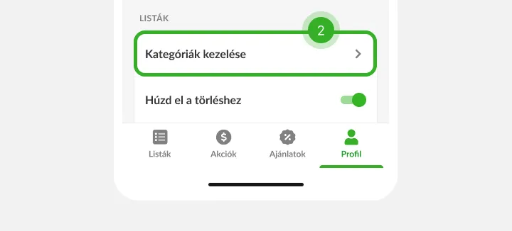 Beállítások képernyő, a listaopciók sora második lépésként a fülsáv felett
