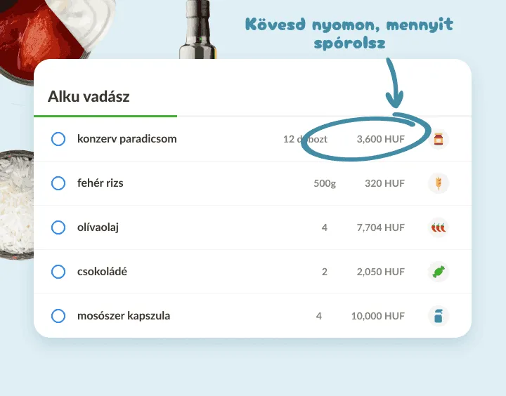 Lista nagyobb tételekkel, pl. 12 doboz paradicsom és 500 g rizs, árakkal