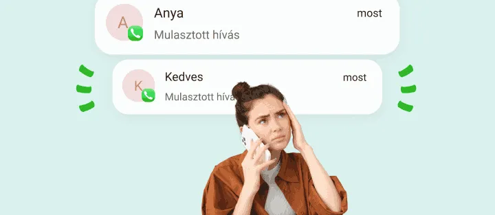 Aggódó nő telefonál, felette két nem fogadott hívás értesítése