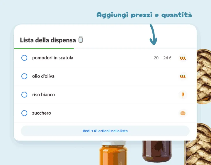 Lista della dispensa: pomodori in scatola, olio, riso e zucchero, uno col prezzo