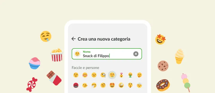 Nuova categoria con il nome Snack di Filippo e scelta emoji, tra i dolci