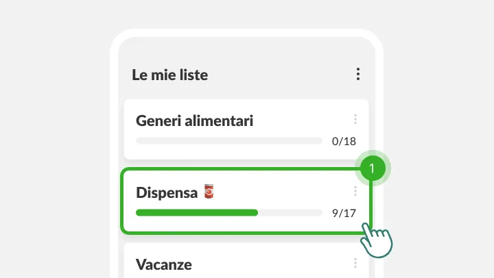 Schermata Le mie liste con la lista Dispensa evidenziata sotto un dito che tocca