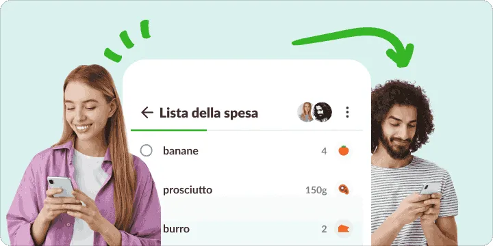 Una donna e un uomo al telefono, con una lista della spesa condivisa tra loro