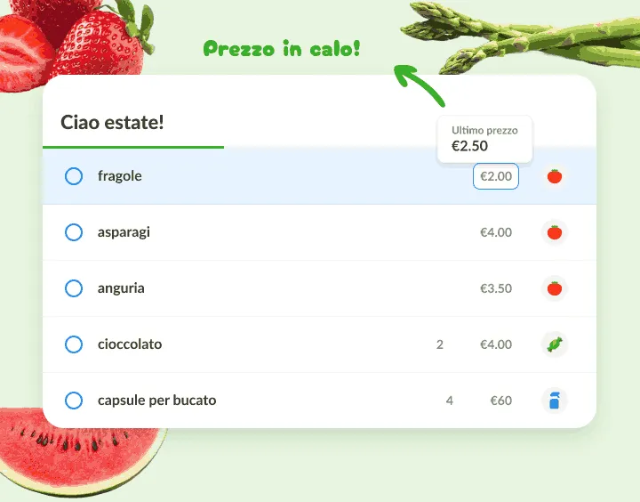Lista estiva in cui le fragole hanno un prezzo più basso dell'ultimo registrato