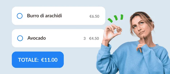 Donna pensierosa con una moneta accanto a due articoli, prezzi e loro somma