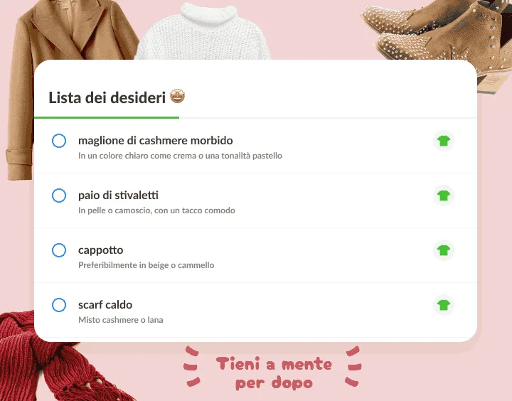 Lista dei desideri: maglione, stivaletti, cappotto e sciarpa, ognuno con nota