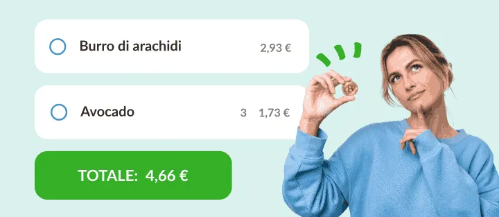 Donna con una moneta accanto a burro di arachidi e avocado con prezzi e totale