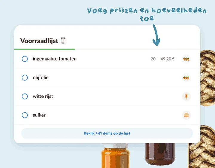Voorraadlijst met tomaten in blik, olijfolie, rijst en suiker, één met een prijs