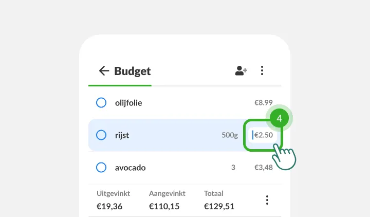 Een vinger tikt op het prijsveld naast rijst, met de lijsttotalen eronder