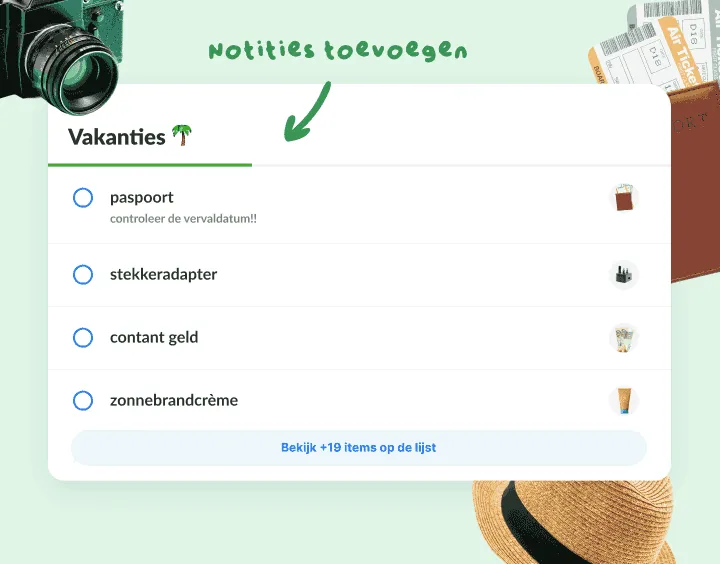 Vakantiepaklijst met paspoort, stekkeradapter, contant geld en zonnebrandcrème