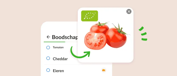 Lijstitem tomaten geopend met een foto van tomaten en het EU-biologisch keurmerk