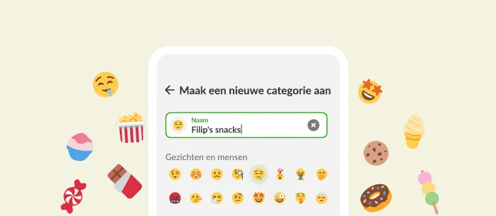 Scherm voor nieuwe categorie met eigen snacksnaam en emojikiezer, tussen snoep