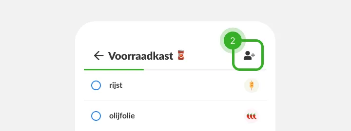 Kop van de lijst Voorraadkast, met het icoon om iemand toe te voegen gemarkeerd