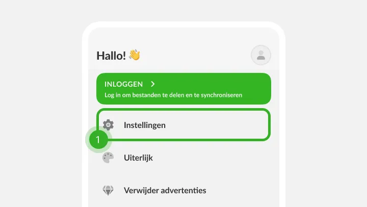 Profielmenu met een inlogbanner en de rij met tandwiel gemarkeerd als stap één