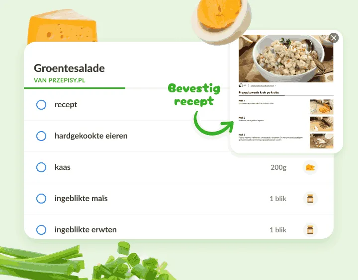 Saladelijst met eieren, kaas, maïs en erwten, met een receptpagina als bijlage