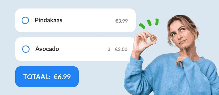 Peinzende vrouw met een munt naast twee lijstitems met prijzen en hun som