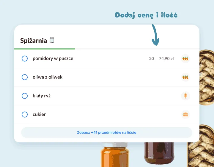 Lista Spiżarnia: pomidory w puszce, oliwa, ryż i cukier, jedna pozycja z ceną