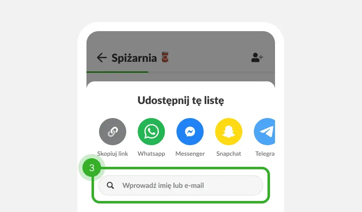 Menu udostępniania z ikonami komunikatorów i polem na imię lub e-mail