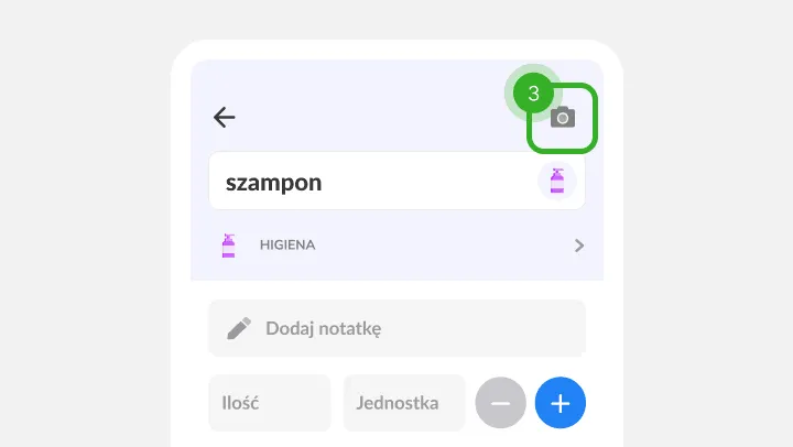 Szczegóły pozycji szampon z polami notatki i ilości oraz zaznaczoną ikoną w rogu