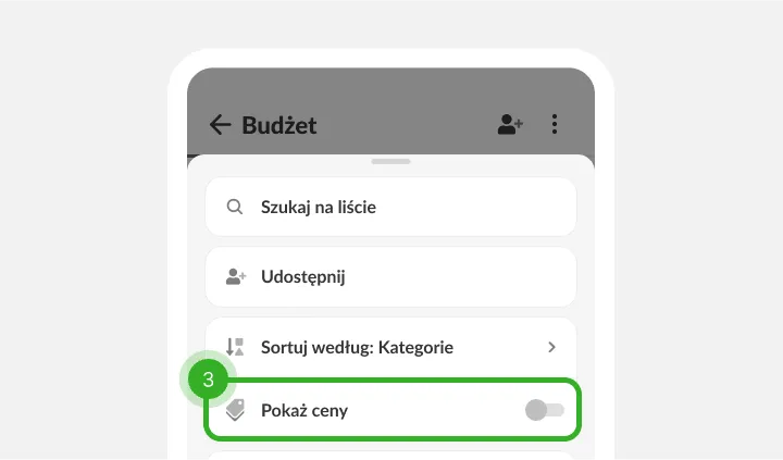 Menu listy: szukanie, udostępnianie, sortowanie i wyłączony przełącznik cen