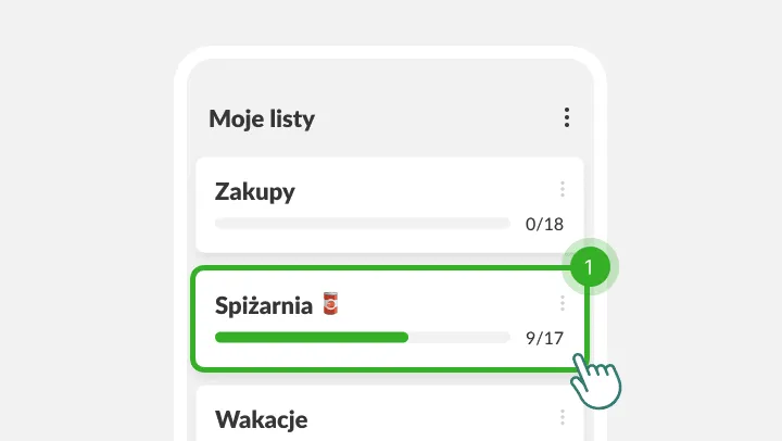 Ekran Moje listy z wyróżnioną listą Spiżarnia, w którą stuka palec