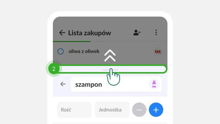 Palec przeciąga panel szczegółów szamponu w górę nad listą zakupów