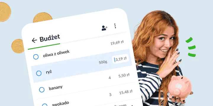 Uśmiechnięta kobieta ze skarbonką obok listy Budżet z cenami produktów