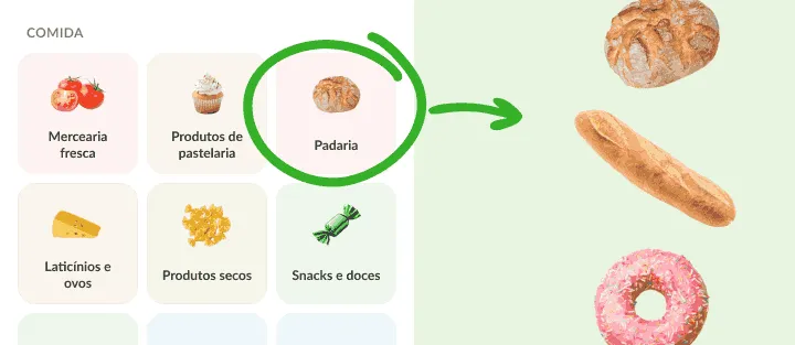 Grelha de categorias com Padaria em círculo, junto a pão, baguete e donut