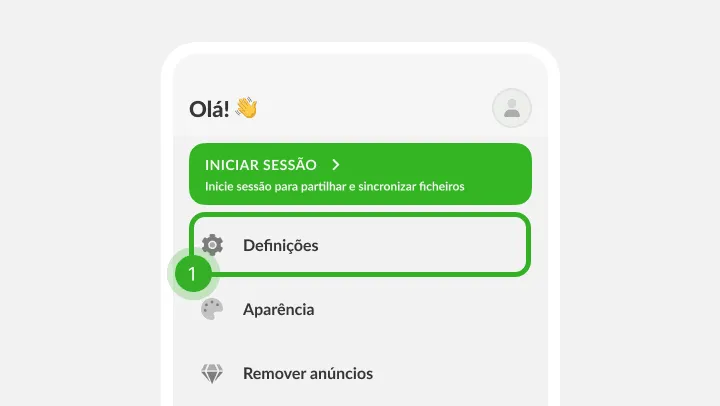 Menu do perfil com faixa de iniciar sessão e a linha da engrenagem como passo um