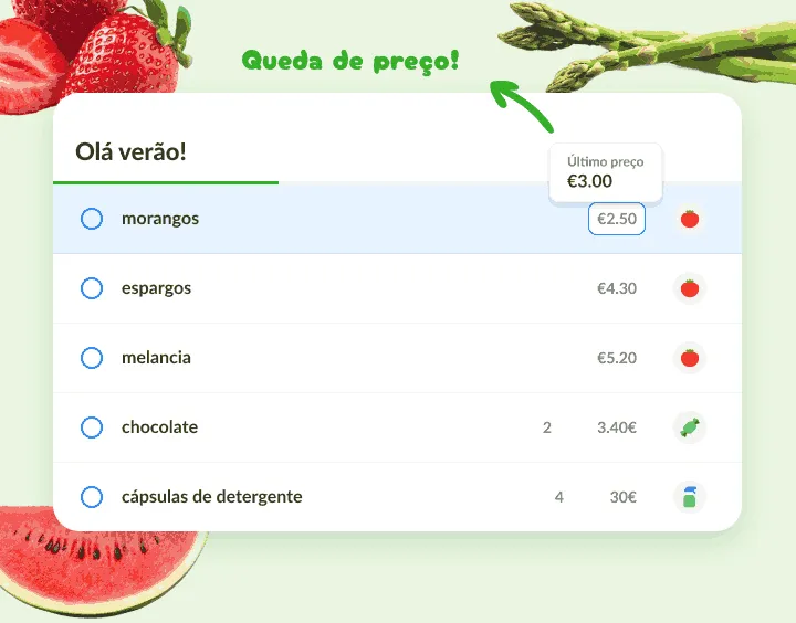 Lista de verão onde os morangos custam menos do que o último preço registado