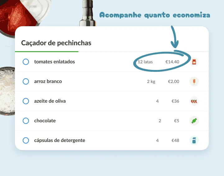 Lista de compras em quantidade: 12 latas de tomate, 2 kg de arroz, com preços
