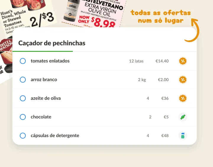 Lista de promoções sobre folhetos, descontos marcados com ícone de percentagem