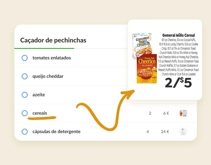 Cereais numa lista de pechinchas ligados a um recorte de folheto com a promoção
