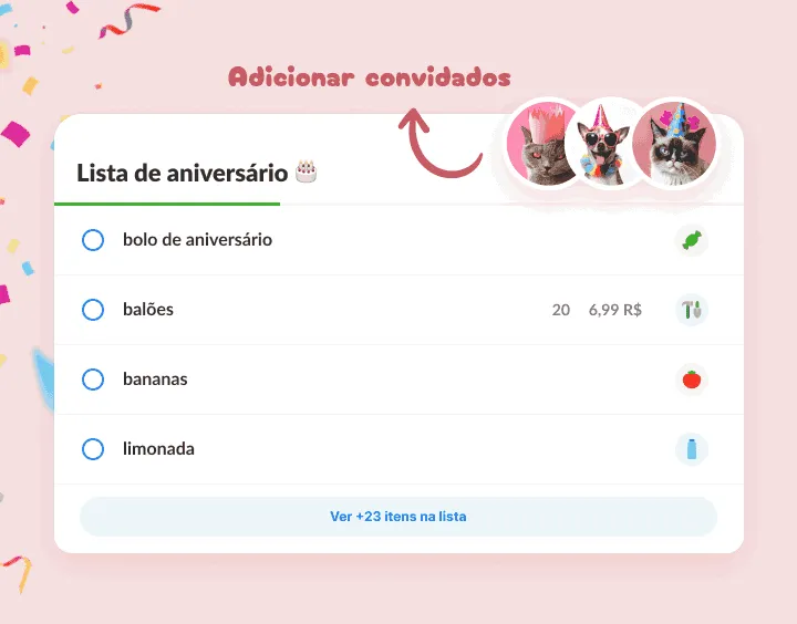 Lista de aniversário com bolo, balões e limonada e bichinhos com chapéu de festa
