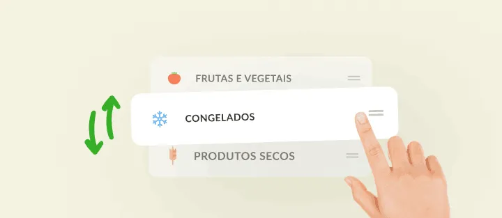 Dedo arrasta a categoria Congelados entre frutas e produtos secos para reordenar