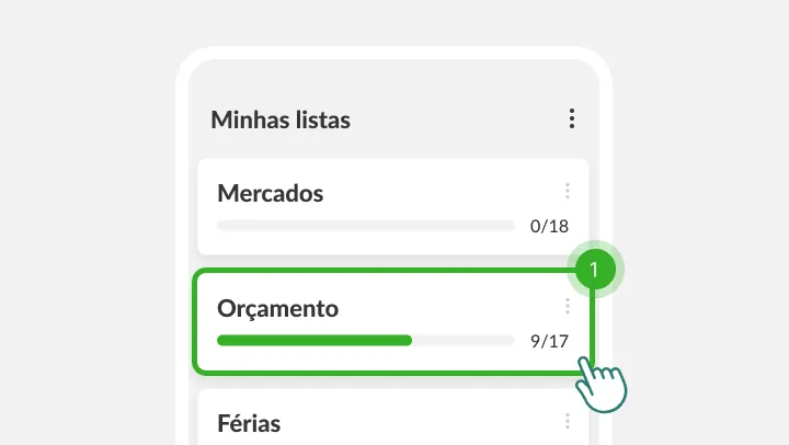 Tela Minhas listas com a lista Orçamento em destaque sob um dedo tocando