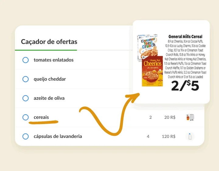 Cereais em uma lista de ofertas ligados a um recorte de folheto com a promoção