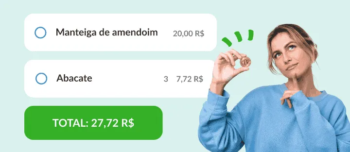 Mulher segura moeda ao lado de manteiga de amendoim e abacate, preços e total