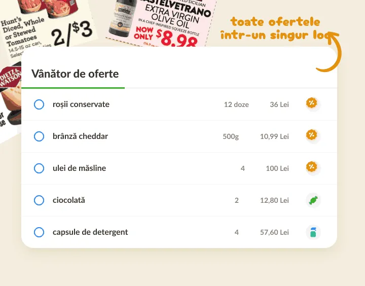 Listă de oferte peste pliante, cu produsele reduse marcate cu iconița de procent